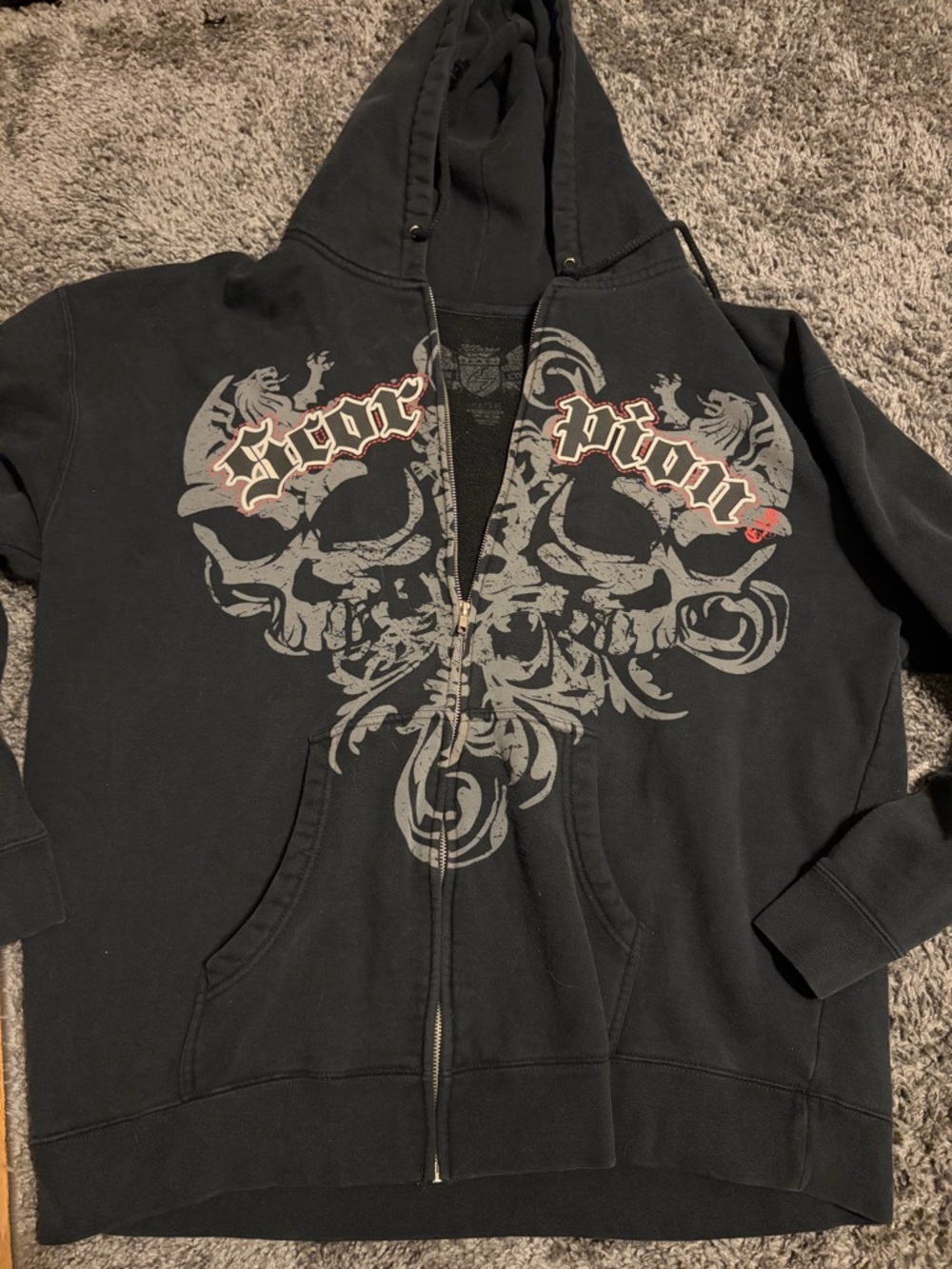 Black Graphic Zip Hoodie with Winged Shield Print
